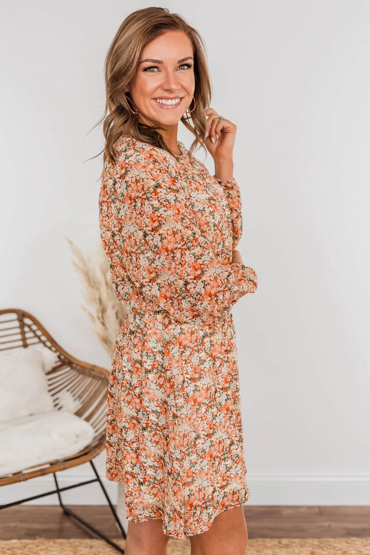 Blossoming Emotions Long Sleeve Floral Dress- Peach