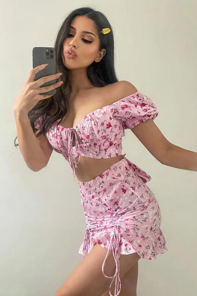 Pink Floral Print Crop Top   Frill Skirt Set - Abryana